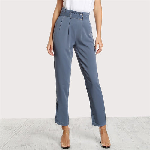 High Waist Regular Fit Blue Pleated Pants with Belt - Inspire Professional Clothing