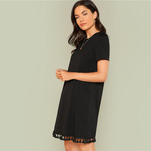 Short Sleeve Shift Dress with Tassel Trim - Inspire Professional Clothing