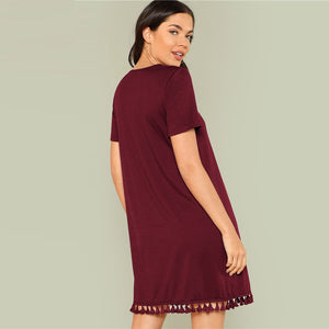 Short Sleeve Shift Dress with Tassel Trim - Inspire Professional Clothing