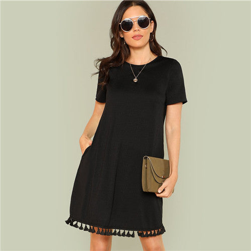 Short Sleeve Shift Dress with Tassel Trim - Inspire Professional Clothing